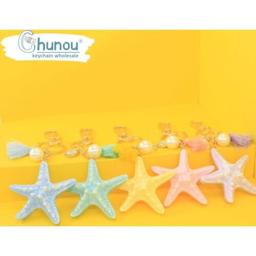 Creative cartoon marine animal starfish keychain tassel pendant pearl cute car key chain Jewelry girlfriend gift ideas wholesale