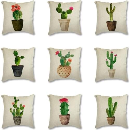 Watercolor Plants Cactus Flower Printed Linen Cotton Cushion Cover Minimalist Decorative Cushion Cover Square Throw Pillow Case