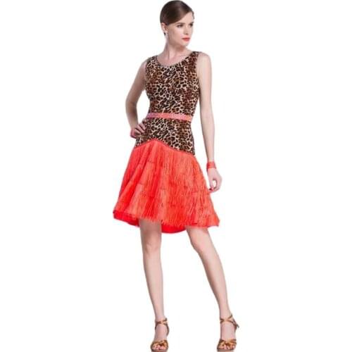LP-1806 Leopard print elastic fabric tassel Latin dance practice dress national standard adult female bullfight practice skirt