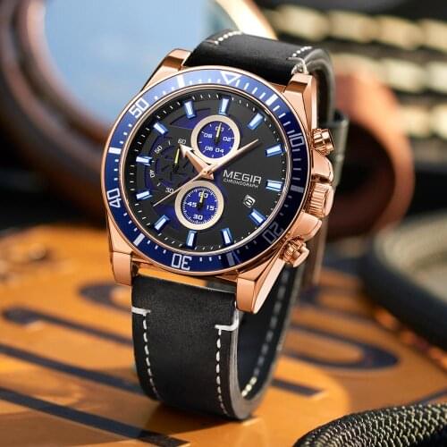 MEGIR 2020 Big Dial Mens Watches Top Brand Luxury Black Quartz Military Watches Leather Wrist Watch Man Clock Relogio Masculino