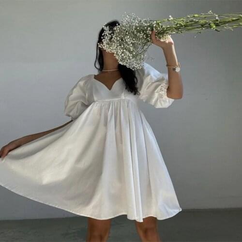 Cotton V-Neck Loose Puff Sleeve Mini Dress Fashion White Summer Women A-Line Dress 2021 Solid Casual Retro High Waist Vestido