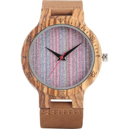 Wooden Watch Mens Bamboo Creative Quartz Clock Unique Stripes Lines Dial Leather Bangle Reloj de madera 2020 New Fashion Male