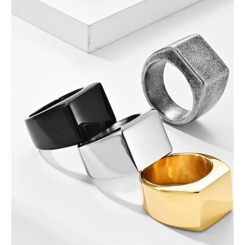 Men Rings Stainless Steel Black Vintage Gray Gold-color Square Fine Jewelry Male Gift Wholesale Price Large Support Engraving