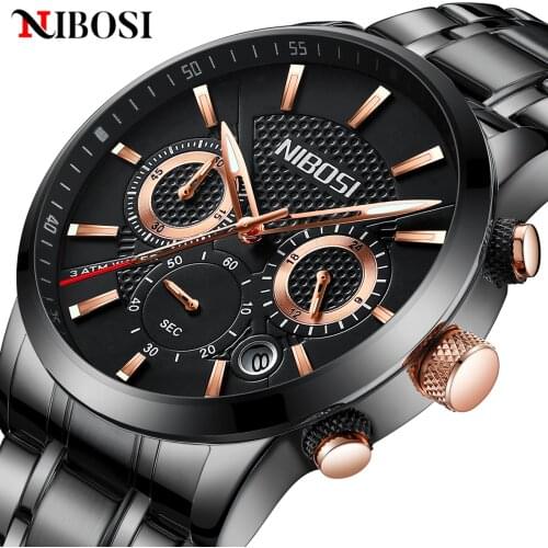 NIBOSI Black Rose Gold Mens Watch Stainless Steel Waterproof Chronograph Luminous Mens Quartz Wrist Watch Relogio Masculino