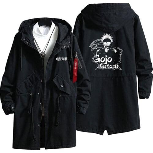 Anime Jujutsu Kaisen Cosplay Gojo Satoru Yuji Itadori Long Trench Coat Men Fall Winter Jacket Black Hooded Jackets For Men CS548