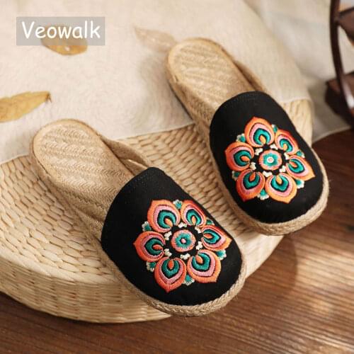 Veowalk Summer Women Handmade Canvas Embroidered Mules Slippers Bohemian Ladies Casual Comfortable Linen Woven Flat Shoes