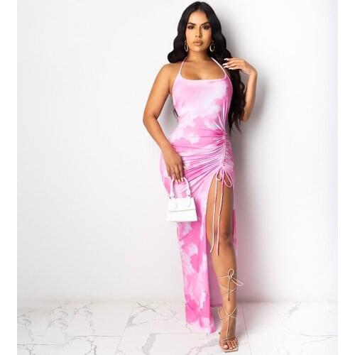 2021 Autumn New Womens Printed Slit Pleated Drawstring Sexy Halterneck Dress Dresses for Women Party Dress Summer 2021