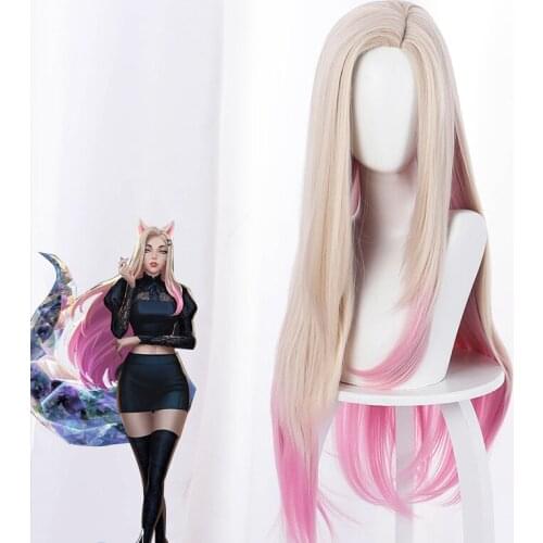 Game LOL Cosplay Ahri Wig 80cm Pink Heat Resistant Synthetic Hair Party Wigs