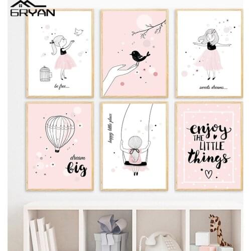 Pink Dress Little Girl Nursery Wall Art Canvas Prints Painting Be Free Dream Big Motivational Poster Kid Room Picture Home Decor