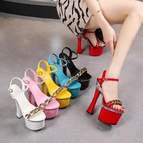 Bright Patent Leather Light Blue One-Strip Sandals Super High Waterproof Platform Metal Chain Nightclub Womens Sandals