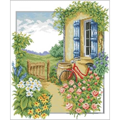 Bicycle in the courtyard patterns counted 11CT 14CT 18CT Cross Stitch Set DIY Cross-stitch Kits Embroidery Needlework Home Decor