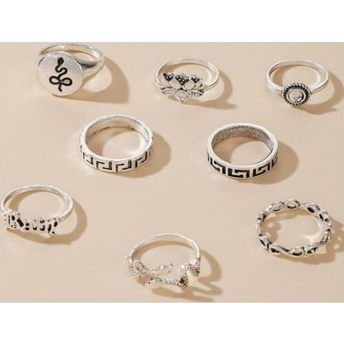 Vintage Popular Lotus Snake-shaped Ring 8-piece Diamond Inlaid Ring Geometric Female Finger Ring Fashion Jewelry Accessories