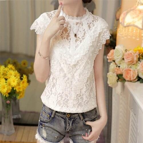 Real Shot Euro-American Summer and Autumn New Blouse Womens Round Neck Pullover Stitching All-Match Bottoming Lace Shirt