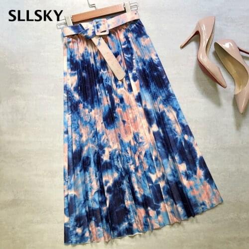 SLLSKY Tie Dye Women Midi Skirts Starry Printing Ink Belt Pleated Skirts Female High Waist Sashes Elegant Mid Calf Long Skirts