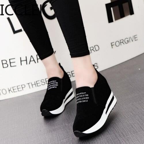 New Flock Increasing Shoes High Heels Lady Casual Black Women Sneakers Leisure Platform Shoes Slip-On Breathable Height Sneakers