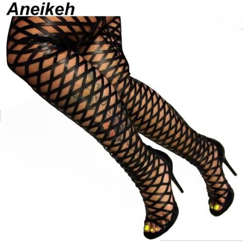 Aneikeh Thigh High Gladiator Sandals Boots Women Sexy Peep Toe Netted Cut-out Over Knee Gladiator Boots High Heel Sandal Boots