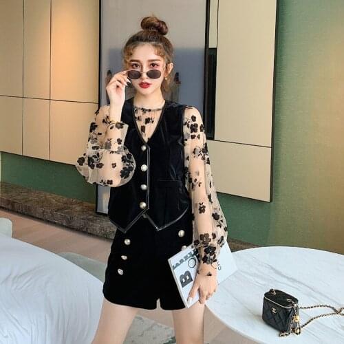 BLLOCUE 2020 Autumn Winter Fashion Temperament Velvet Vest + Shorts + Embroidered Perspective Shirt Three-Piece Suit Woemn Sets