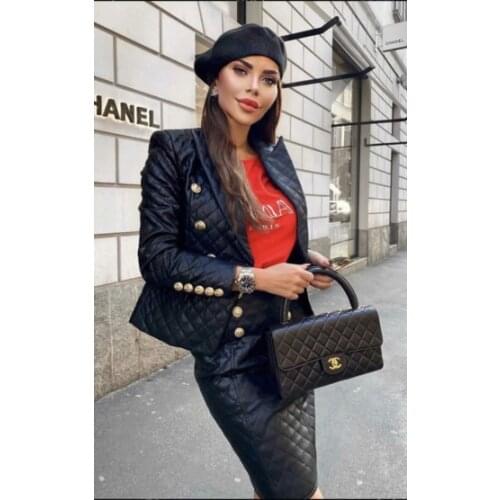 2019 New Winter Style PU Leather Diamond Check Slim Double-Breasted Womens Set Fashion Celebrity Coat and Skirt Outerwear