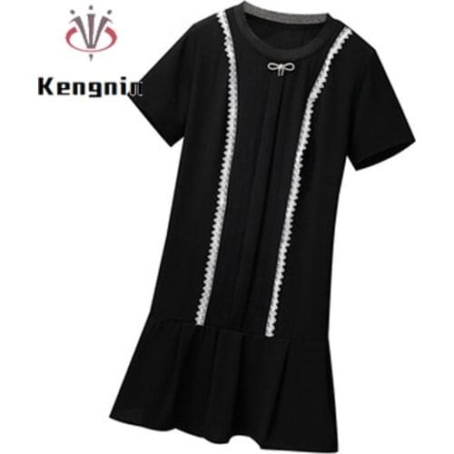 2021 Summer Oversized Loose Womens Dresses Lace Patchwork Black Dress Chiffon Short Sleeve Female Robe Dress Clothing KE1649