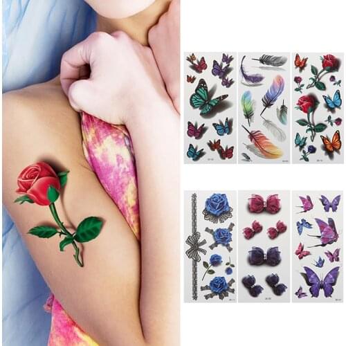 1PCS 3D Butterfly Rose Flower Feather Tattoo Waterproof Halloween Gift Temporary Tattoos Sticker Women Body Art Tattoo Sticker