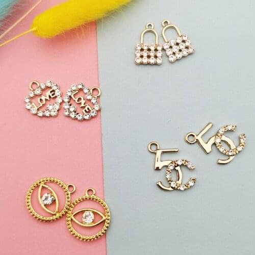 10pcs Rhinestone Lock Love Eye Metal Charms Shinny Handbag Pendants Fit Earring Bracelet DIY Jewelry Accessory Golden Base F466