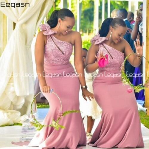 2021 New One Soulder Bridesmaid Dresses Long African Evening Gowns Wedding Guest Maid Of Honor Dress with Bow Plus Size