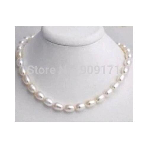 FREE SHIPPING>>>@@ > &>>Beautiful 6-7mm white freshwater pearl rice necklace 17.5"AAA