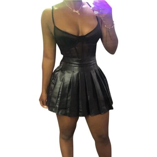 Black bright pu leather pleated skirt european women popular high waist leather mini skirt DLS6305
