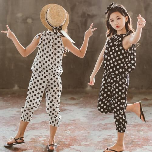 Children Sets 2021 Summer Girls Clothing Suit Fashion Dot Sleeveless Tops + Pants 2Pcs Teens Clothes 4 5 6 7 8 9 10 11 12 Years