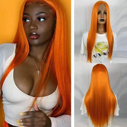 Long Straight Orange Synthetic Lace Front Wig Gluless Natural Hairline Wig With Baby Hair Natural Looking For Women Cosplay