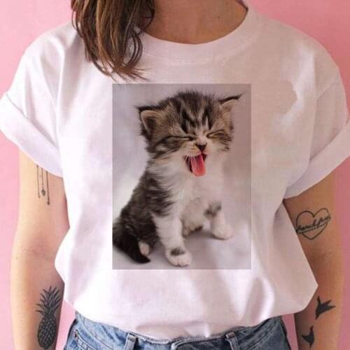 Cat Just Awake Headgear Print T-shirts Women Creative 2021 New Arrivals Loose T Shirt Youth Girl Tshirt Camiseta Y2k Fashion