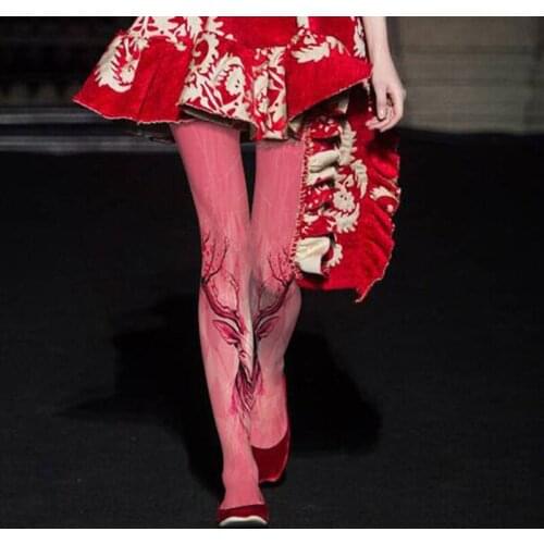 Animal Print Tights - Bright Colored Deer Pattered Velvet Tights for Spring & Autumn
