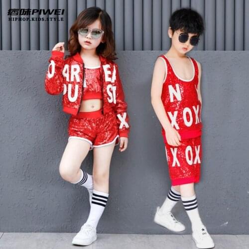 Boys and girls hip hop costumes unisex red sequin street dance clothing tops, shorts and jacket children jazz dance outfit