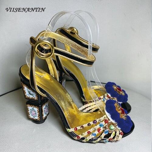 Printed Red Raffia Rhinestone Hair Ball Flower Shaped Heel High-heeled Sandals Fashion All-match High-heeled Party Shoes