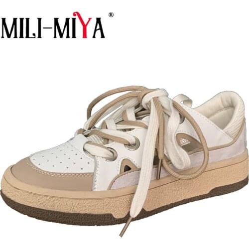 MILI-MIYA Women Breathable Hollow Out Genuine Cow Leather Flats Vulcanized Patchwork Lace Up Round Toe Handmade Leisure Shoes