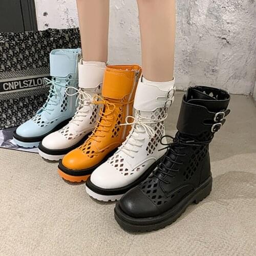 Sweet Girls Gladiator Rome Boots Platform Women Mid-Calf Side Zipper Hollow Out Moto Boots Breathable Punk Buckle Strap Boots