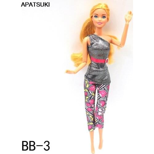 Fashion Doll Clothes Set For Barbie Doll Outfits Silver One-shoulder Shirt Top Lip Crop Pants 1/6 Dolls Accessories Toys