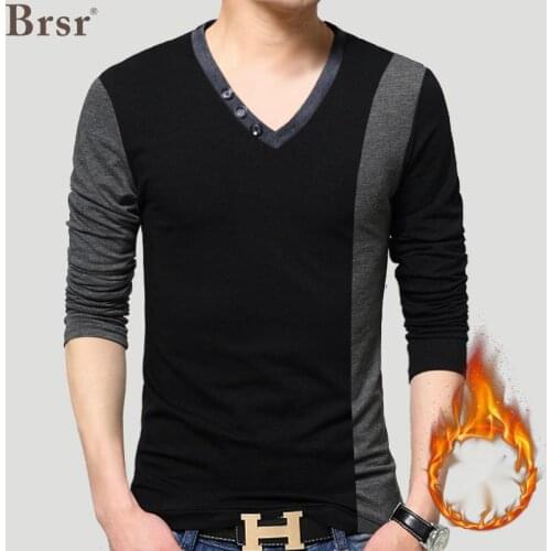 Autumn And Winter Mens Plush Thickened Long Sleeve Oversized Men Clothing T-Shirt Large Warm V-neck T Shirt For Splicing Tshirt