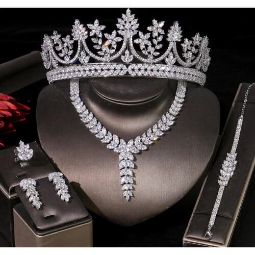 Womens Engagement Jewelry Set, High Quality CZ Wedding Bridal Tiara Crown Necklace Set, Used For Bridal Wedding Party Jewelry