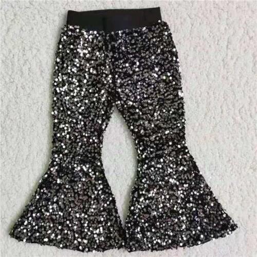 New Arrival Fashion Kids Children Girls Sequin Black Flare Pants Elastic Waist Baby Clothing Wholesale