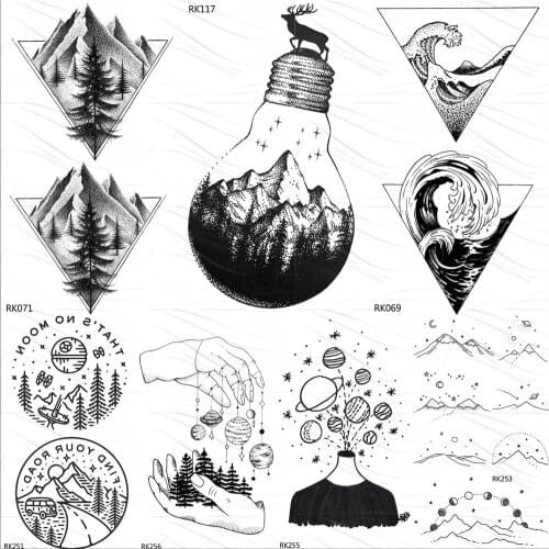 OMMGO Bulb Glass Mountain Pine Tree Temporary Tattoos Sticker Triangle Wave Custom Tattoo Body Art Arm Black Small Fake Tatoos