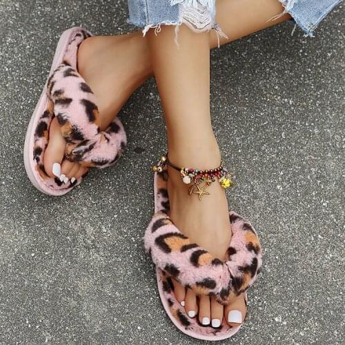 Furry Slipper Fluffy Slippers Women Cozy Faux Fur Cross Indoor Floor Shoes Ladies Female House Indoor Leopard Shoes