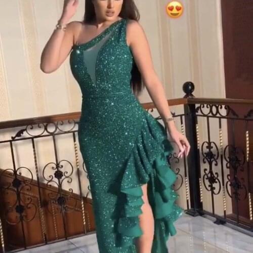 Sexy Green One Shoulder Sheath Sleeveless Thigh Ruffled Floor Length Prom Dresses 2020