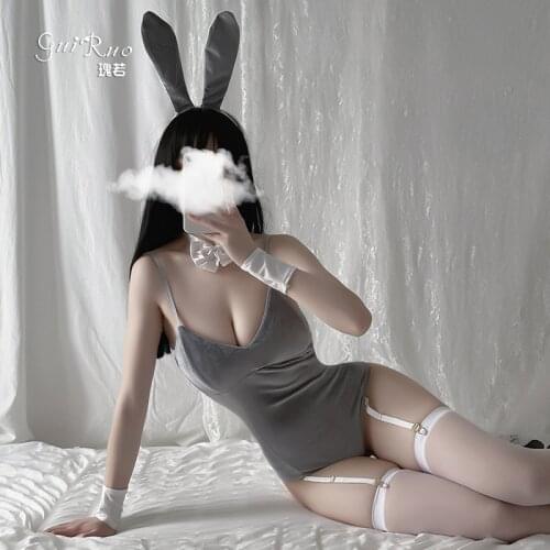 Sexy Velvet Bunny Girl Cosplay Costumes Japanese Kawaii Lingerie Sexi Bodysuit Womens Rabbit Ear Role Play Outfits Black Gray