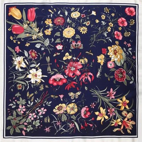 60cm Square Scarf Brand Bandanna Women Twill Silk Scarf 2021 Lily Flower Headband Print Scarf Fashion Professional Neckerchief