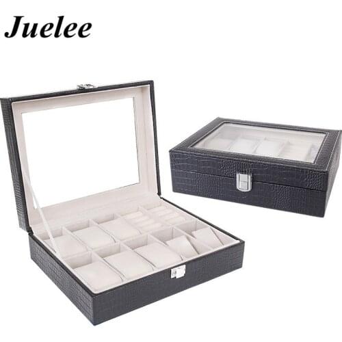 Juelee 10 Slot Crocodile Grain Pattern Watch Jewelry Box Necklace Earring Container Boxes Makeup Case Cosmetic Organizer