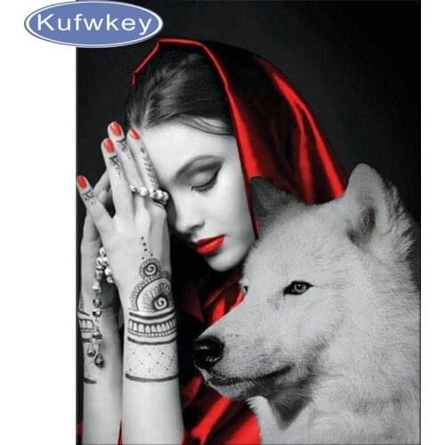 Embroidery,Diamond mosaic,DIY 5D Diamond painting,3D Diamond stitch,Diamond Embroidery Pattern Rhinestone girl wolf Cross Stitch
