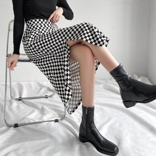 Women High Waist Chess Plaid Long Skirts for Korean Style Fashion Trends Casual Clothes Teenage Girls Sexy Slit Skirt Streetwear