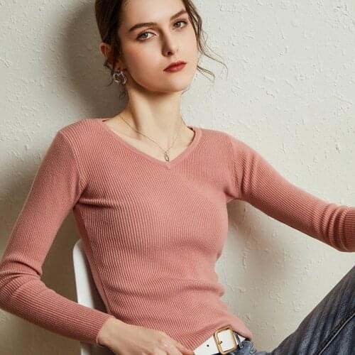 Womens 2020 Autumn Winter New All-match Slim-Fit Knitted Shirt Tight Long-Sleeved V-neck Shirt Undershirt Home Solid Color Lady