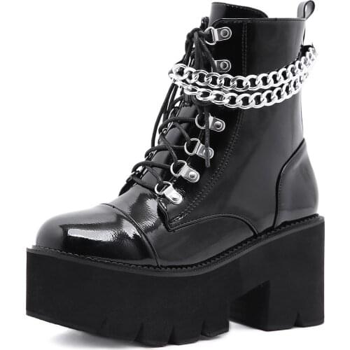 New Sexy Patent Leather Gothic Black Boots Women Heel Sexy Chain Chunky Heel Platform Boots Female Punk Style Ankle Boots Zipper